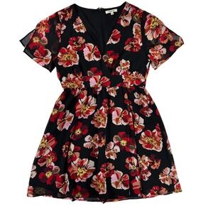 Madewell Dress Womens 6 Black Floral V Neck Short Sleeve Fit Flare